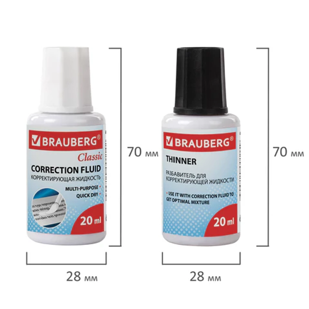 Корректирующий набор BRAUBERG, КОРРЕКТИРУЮЩАЯ ЖИДКОСТЬ + РАЗБАВИТЕЛЬ, 20+20 мл