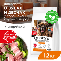 Корм сухой для взрослых собак очень крупных пород, премиум полнорационный комплекс, для заботы зубов и десен, с индейкой, 12 кг, QUATTRO