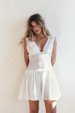 ZARA ПЛАТЬЕ ИЗ ПОПЛИНА С БАНТАМИ, БЕЛЫЙ