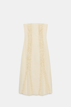 ZARA ПЛАТЬЕ МИДИ С ОБЪЕМНЫМИ ВОЛАНАМИ, ЦВЕТ СЛОНОВОЙ КОСТИ