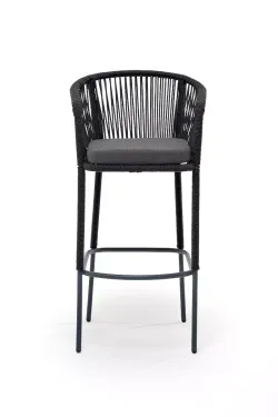"Марсель" стул барный плетеный из роупа, каркас из стали серый (RAL7022) муар, роуп темно-серый круглый, ткань темно-серая 027