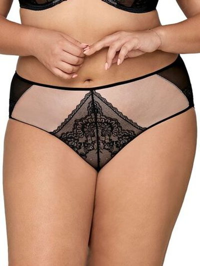 Двухцветные трусики-слипы из кружева и сетки (Размер: XL) (Цвет: черный)