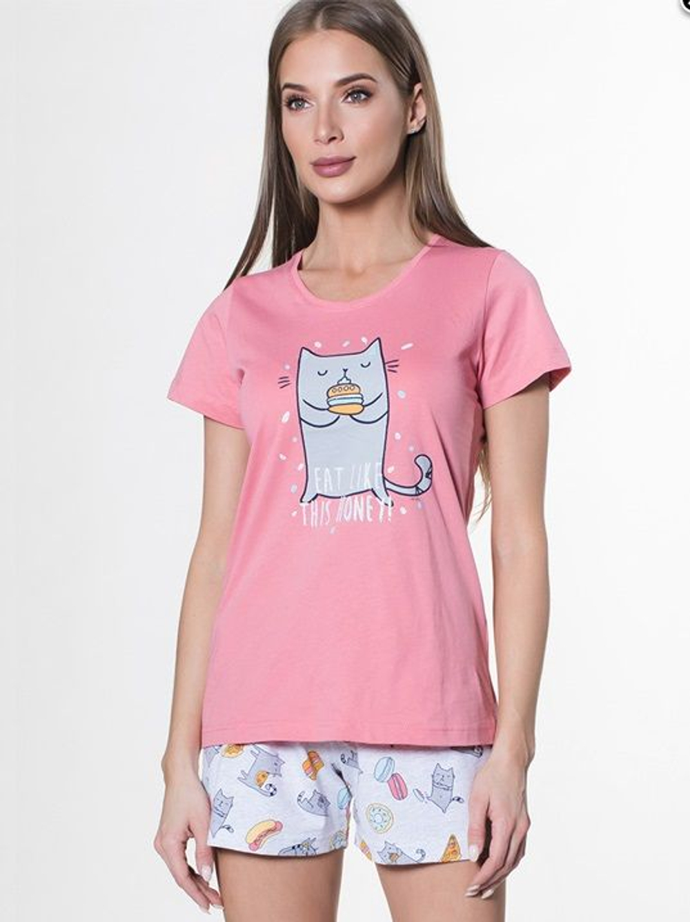 Трикотажный комплект с котиками (Размер: S) (Цвет: коралловый)