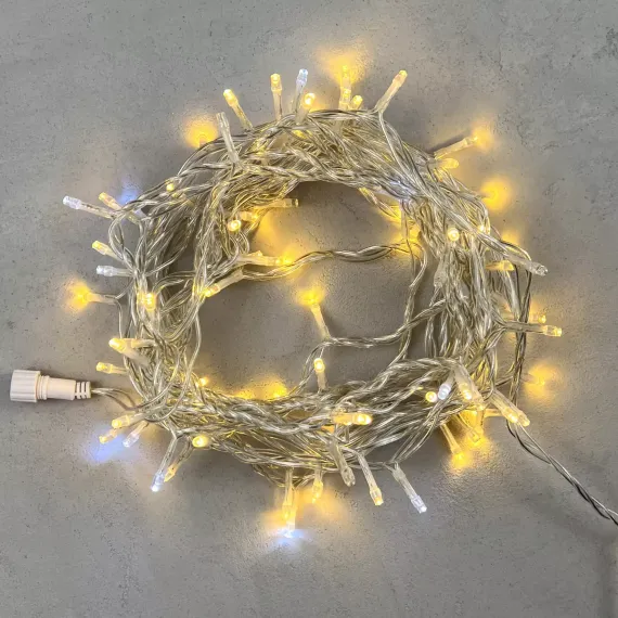 Светодиодная нить 100 теплых белых LED ламп с мерцанием, 10 м., 24В, прозрачный провод ПВХ, LTC (PST100BLW-10-1WW)