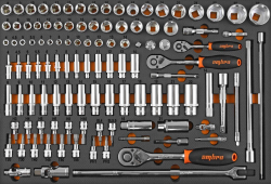 Набор головок торцевых 1/4"DR(4-14 мм), 3/8"DR (8-22 мм), 1/2"DR (8-32 мм), с аксессуарами в EVA ложементе 560x375 мм, 111 предметов Ombra OMT111STE