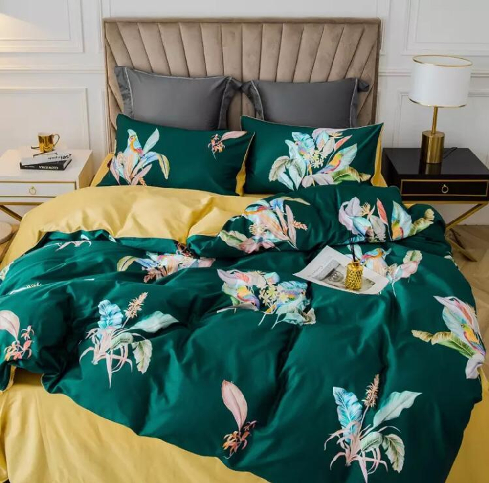 Постельное белье ЕВРО (двуспалка) Египетский Хлопок Зеленый с желтым