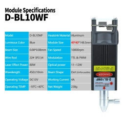 Лазерный модуль 80 Вт, фактическая мощность 10Вт, с воздушной насадкой, подходит для гравировального станка с ЧПУ, 3D-принтера, деревообрабатывающих инструментов DIY, HUAHENGCHI D-BL10WF