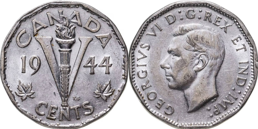 Канада 5 центов, 1944-1945 Король Георг VI VF-XF