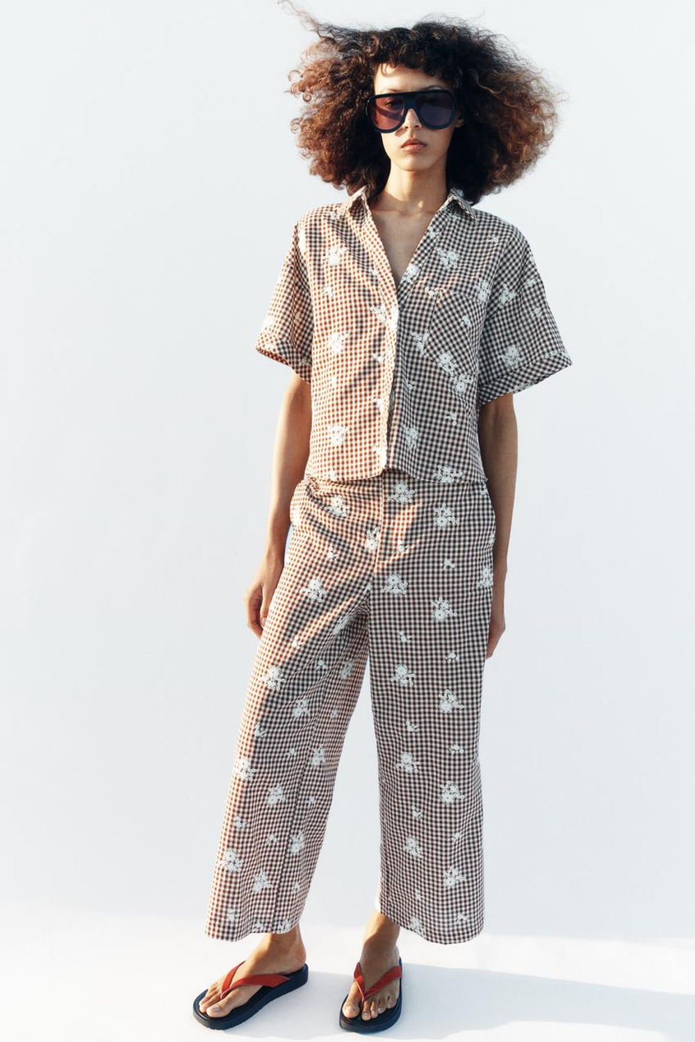 ZARA РУБАШКА В КЛЕТКУ С ВЫШИВКОЙ, КОРИЧНЕВЫЙ/ЭКРЮ