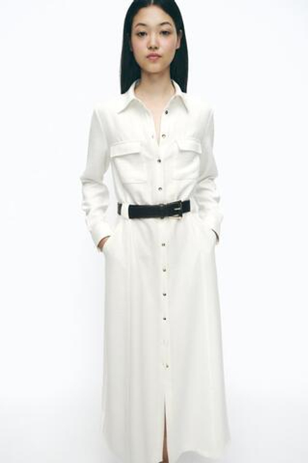 ZARA ПЛАТЬЕ МИДИ ИЗ КРЕПА С ПОЯСОМ, ЖЕЛТОВАТО-БЕЛЫЙ