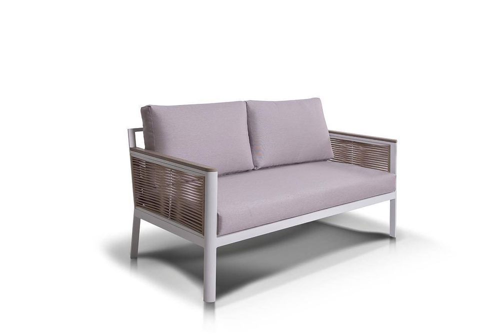 "Сан Ремо" диван 2-местный плетеный из роупа, каркас алюминий белый, роуп бежевый, ткань бежевая