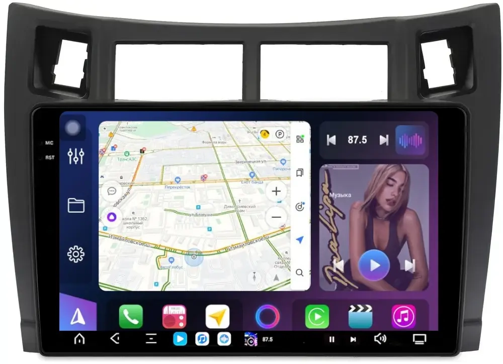 Магнитола для Toyota Vitz 2, Yaris 2 2005-2011 (рамка черная) - FarCar XXL3022M монитор 9.5" 2K QLED на Android 14, TS20, 8+256Гб, CarPlay, 4G SIM-слот