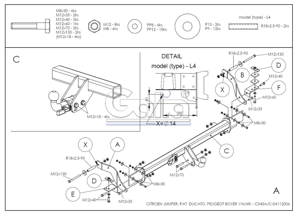 Фаркоп оцинкованный Galia C045A для Citroen Jumper 2006-, FIAT Ducato III 2006-, Peugeot Boxer 2006- платформа(паспорт и сертификат в комплекте)(без электрики)