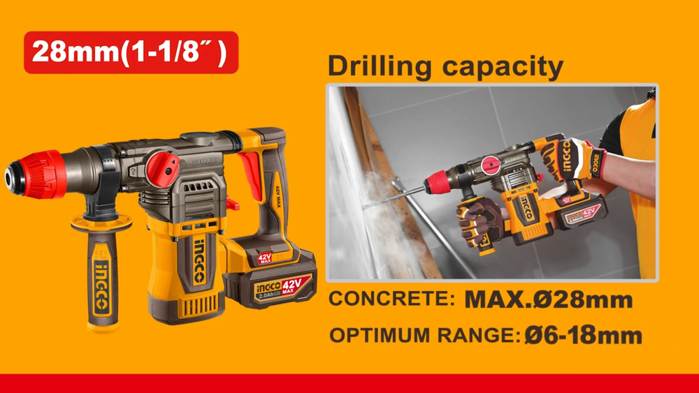 Аккумуляторный бесщеточный перфоратор SDS-Plus INGCO CRHLI422882 INDUSTRIAL 42 В 4.5 Дж