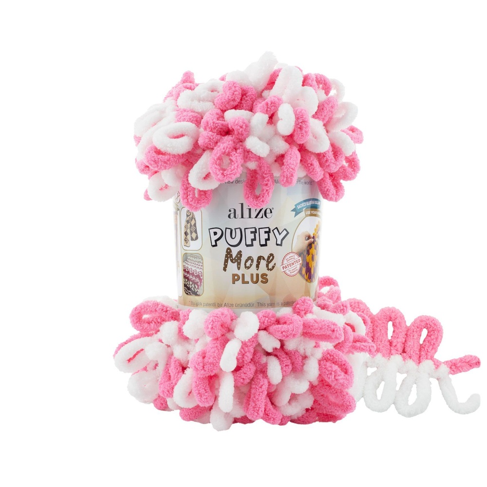 Пуффи Море ПЛЮС (Puffy More plus) пряжа Alize 100%микрополиэстер 2х250г/11м (8012 белый/розовый)