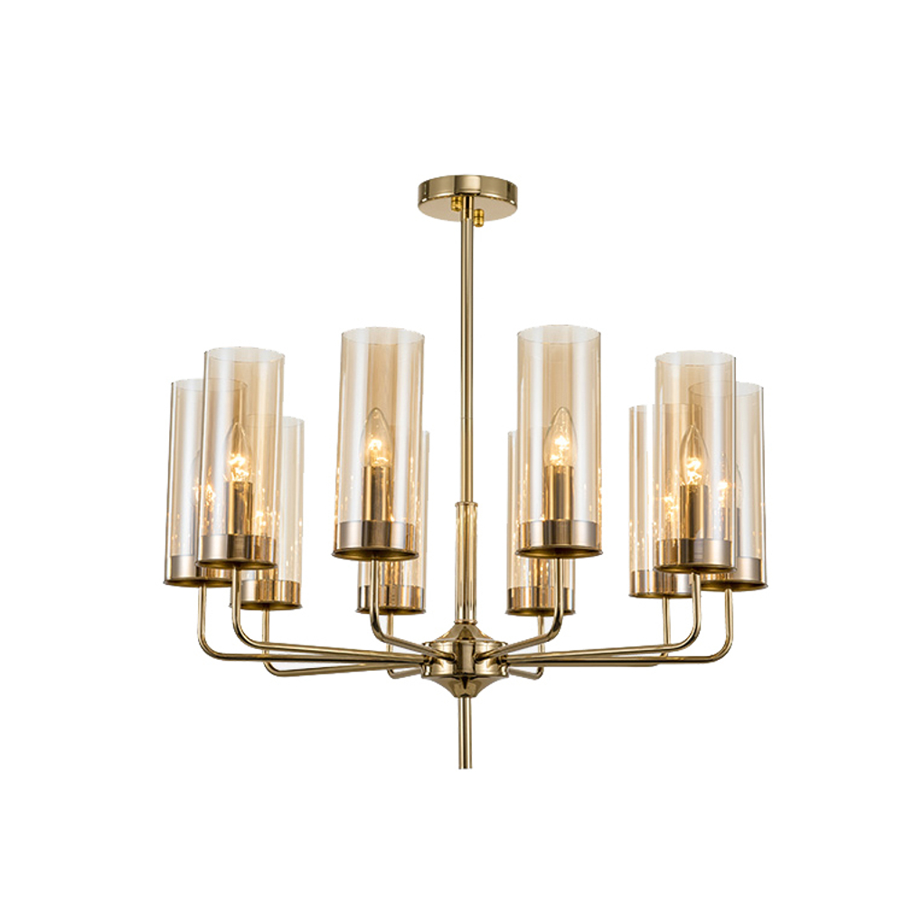 Chandelier  Brass & Blue Glass Tube by Hans-Agne Jakobsson (10 lampshades,  Beige)