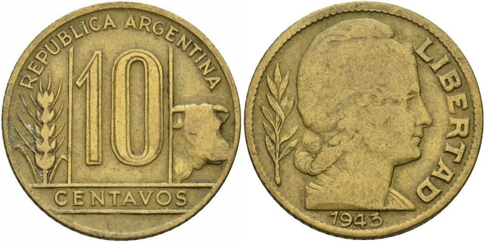 Аргентина 10 сентаво, 1942 - 1950 Свобода VF