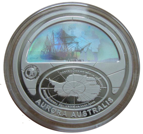 5 долларов 2009. Австралия. Северное сияние. Аврора Корабль Парусник Серебро Голограмма