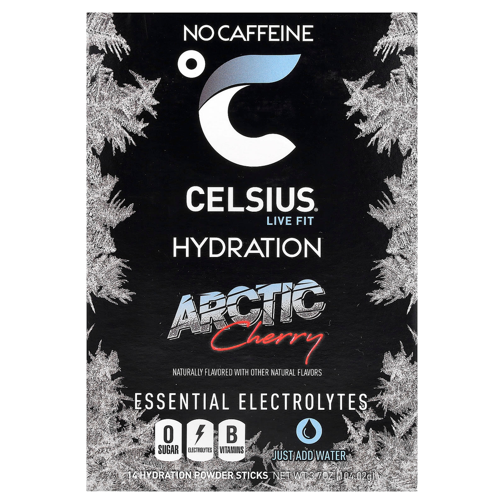 Celsius, Live Fit, увлажнение, незаменимые электролиты, без кофеина, арктическая вишня, 14 стиков в виде порошка, по 7,43 г (0,26 унции)