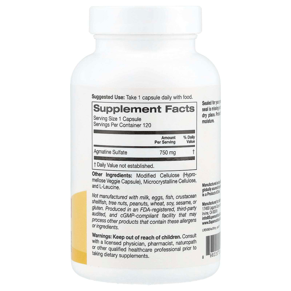 Super Nutrition, сульфат агматина, 750 мг, 120 растительных капсул