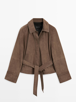 Massimo Dutti Замшевая куртка с ремнем, кротово-коричневый