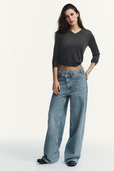 ZARA ДЖИНСЫ TRF WIDE LEG С ПЕРЕКРЕСТНОЙ ТАЛИЕЙ И ВЫСОКОЙ ПОСАДКОЙ, ВЫЦВЕТШИЙ СИНИЙ