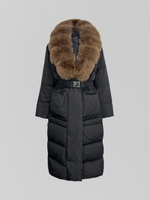 Пуховик 8820 однотонный удлиненный с мехом накладными карманами и поясом