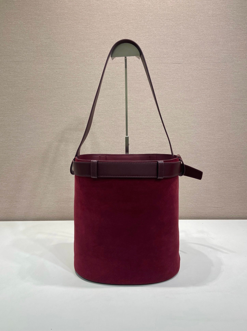 Prada Buckle Belted Suede Bucket Bag 28 cm