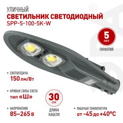 Светильник уличный светодиодный ЭРА SPP-5-100-5K-W 100Вт 5000К IP65 КСС Ш гарантия 5 лет | Уличные консольные светильники