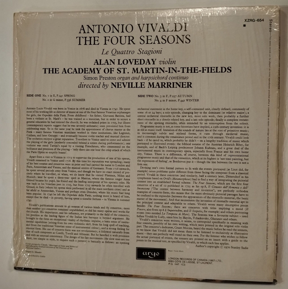 Винтажная виниловая пластинка LP Vivaldi The Four Seasons Вивальди Времена Года (Canada 1970)