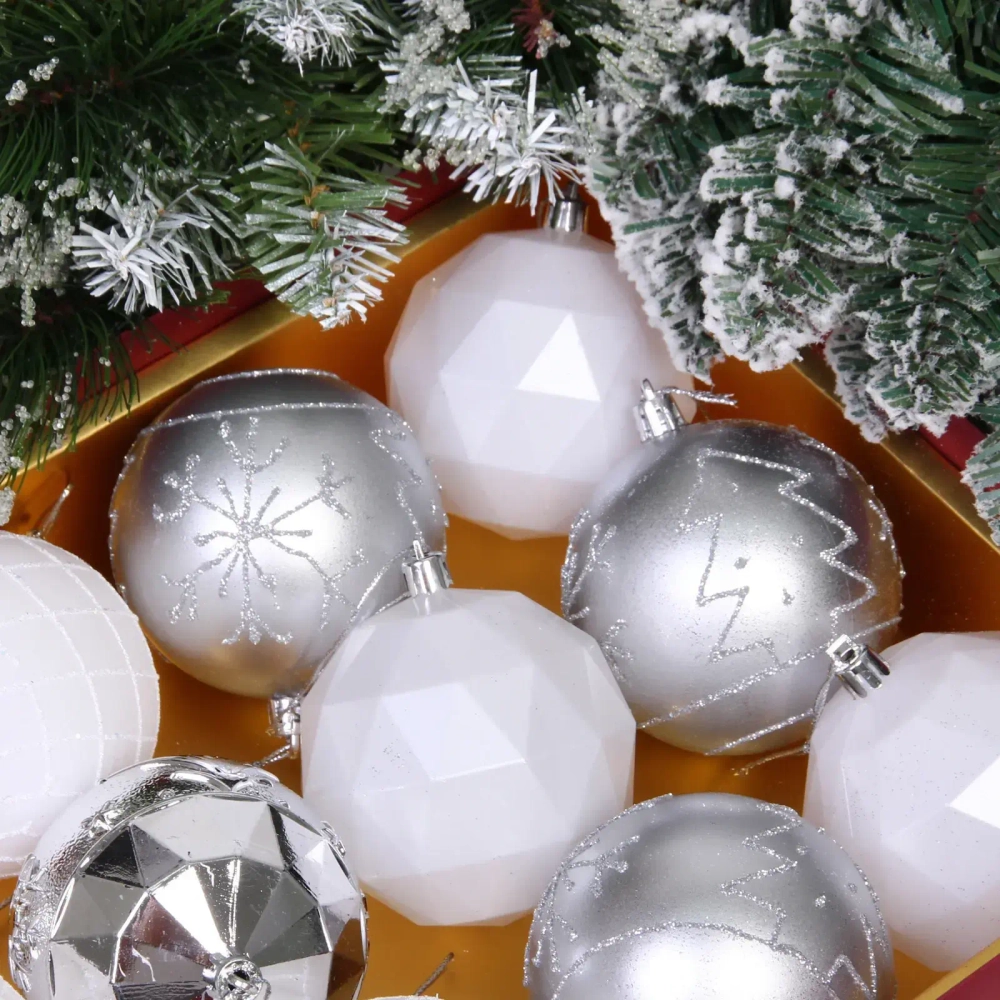 Новогодние шары «Волшебный вальс» 8 см (набор 12 шт), Серебро/Белый