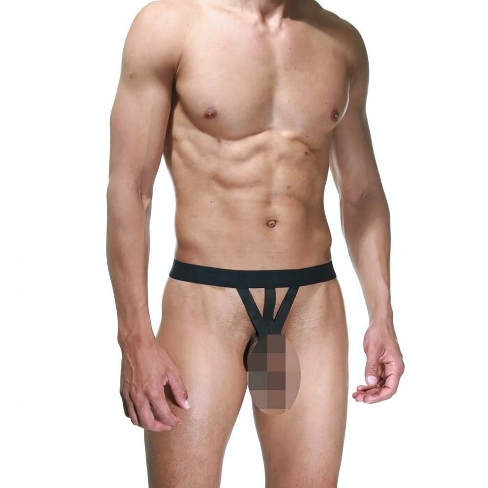 Мужские откровенные трусы из черных ремешков (Размер: L-XL) (Цвет: черный)
