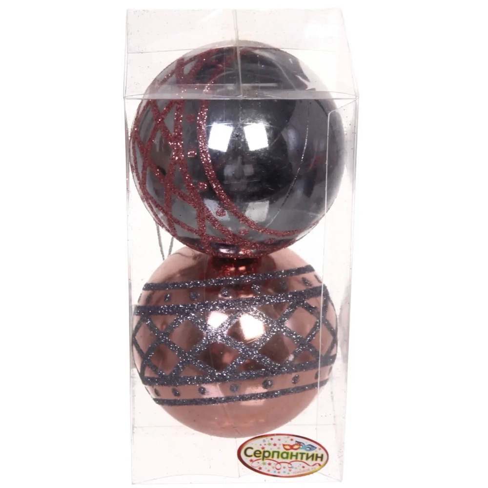 Новогодние шары 8 см (набор 2 шт) «Зимний узор», розовое золото/графит