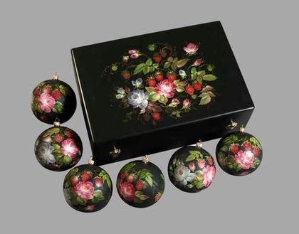 Zhostovo Christmas balls in wooden box - set of 6 balls SET04D-667785789