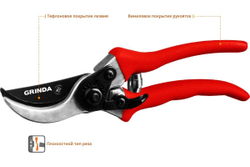 GRINDA  G-11, 210 мм, лезвия из углеродистой стали, закалены, тефлоновое покрытие, алюминиевые рукоятки, плоскостной секатор (8-423001)