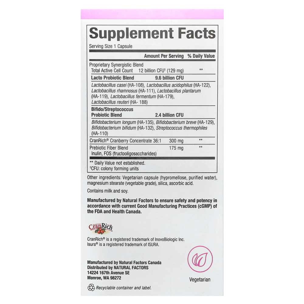 Natural Factors, Лучший пробиотик для женщин на каждый день, 12 миллиардов, 60 вегетарианских капсул