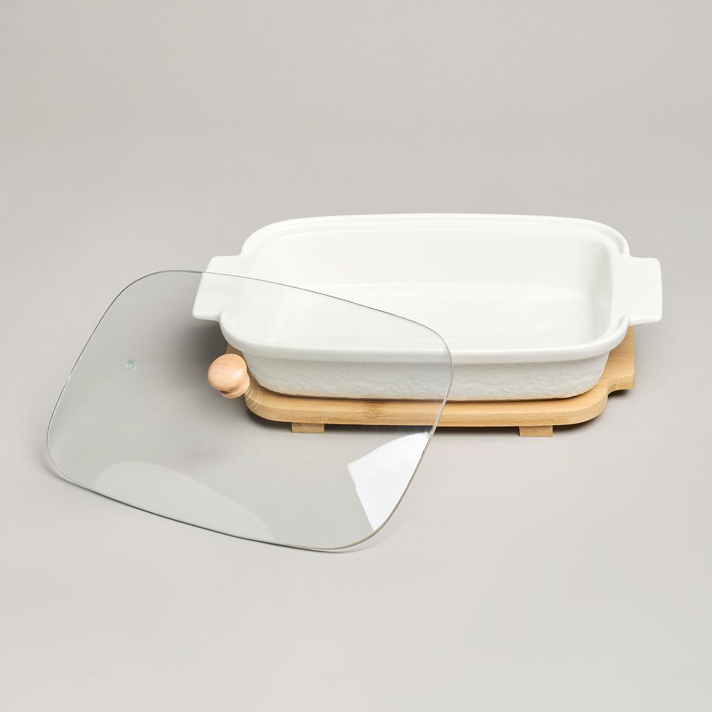 БЛЮДО ДЛЯ ВЫПЕКАНИЯ И СЕРВИРОВКИ LEFARD "MUSE" СО СТЕКЛ.КРЫШКОЙ НА ДЕР.ПОДСТАВКЕ 27,5*17*9СМ 900МЛ