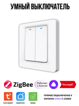 Умный выключатель ZigBee двухклавишный для Алисы
