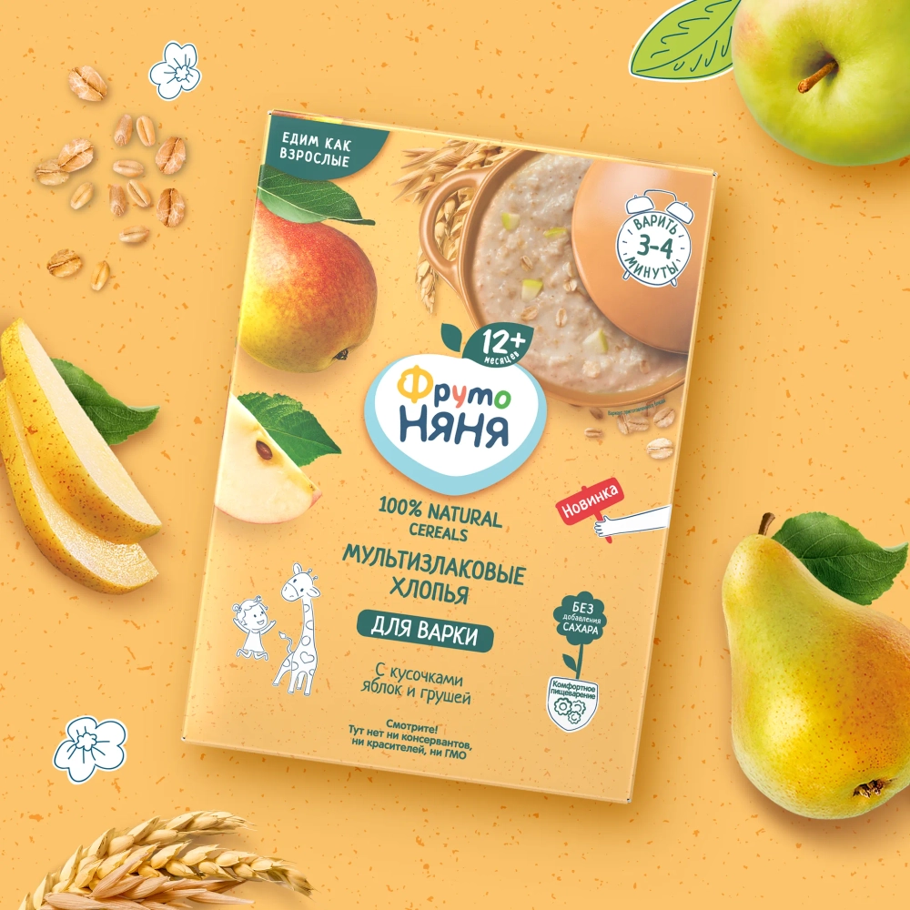 Каша безмолочная ФрутоНяня мультизлаковая с кусочками яблоко-груша 200г с 12 месяцев