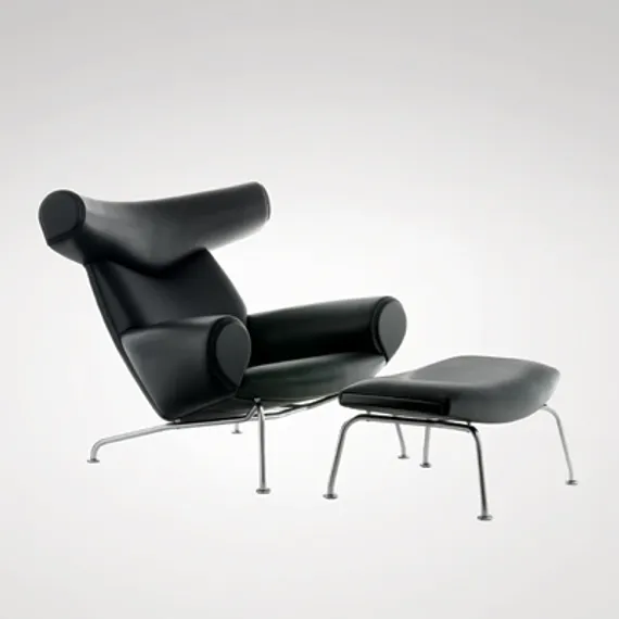 Кресло Ox с оттоманкой, черная кожа