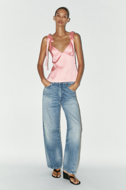 ZARA АТЛАСНЫЙ ТОП С БАНТАМИ, ЯРКО-РОЗОВЫЙ