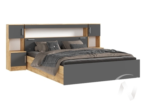 Кровать 1;6м с надстройкой с тумбами Спальня Бася (дуб крафт/графит)