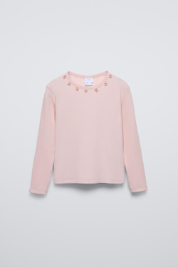 ZARA ФУТБОЛКА В РУБЧИК С ЦВЕТОЧНЫМ ПРИНТОМ, РОЗОВЫЙ