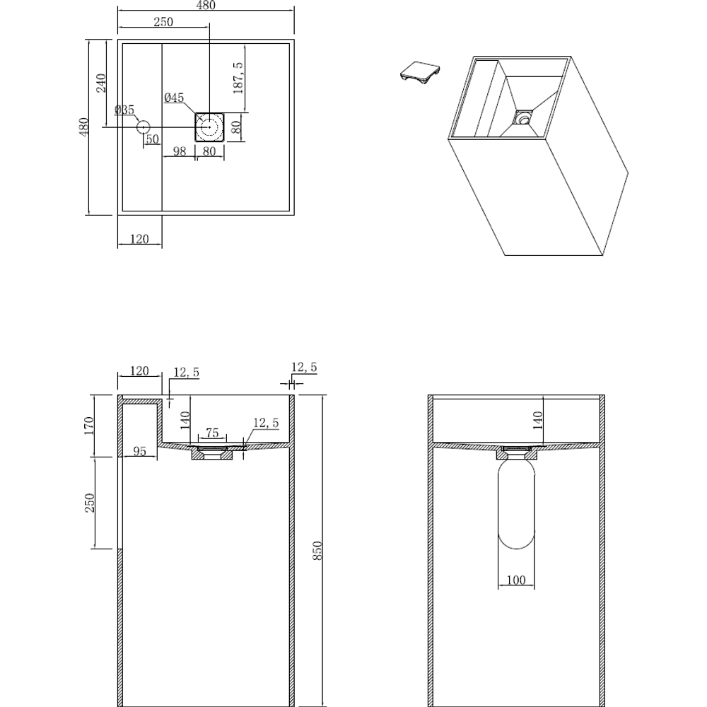Раковина напольная Boheme Cube 802-MW 48х48х85 Corian Matt White