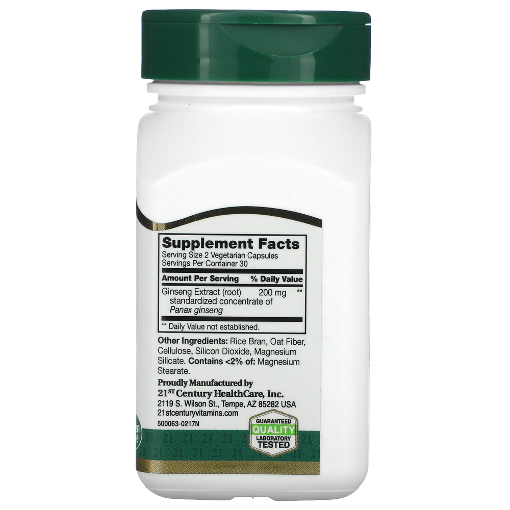 21st Century, Стандартизированный экстракт женьшеня, 60 вегетарианских капсул (100 мг на капсулу)