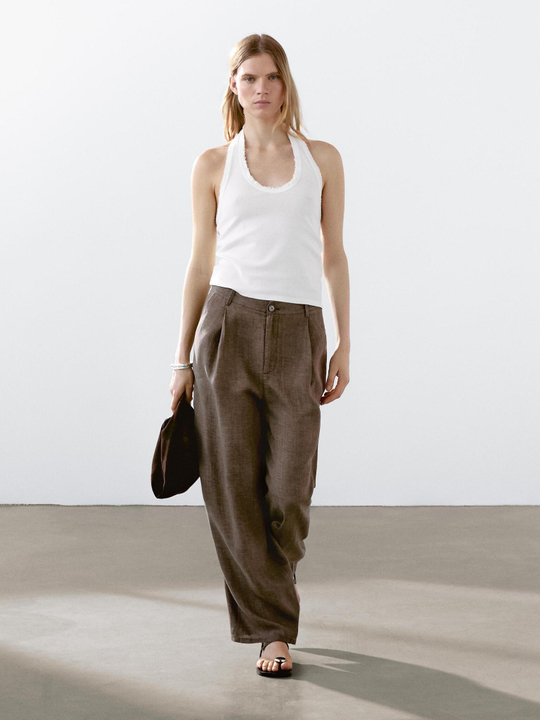 Massimo Dutti Брюки широкие из 100% льна, коричневый