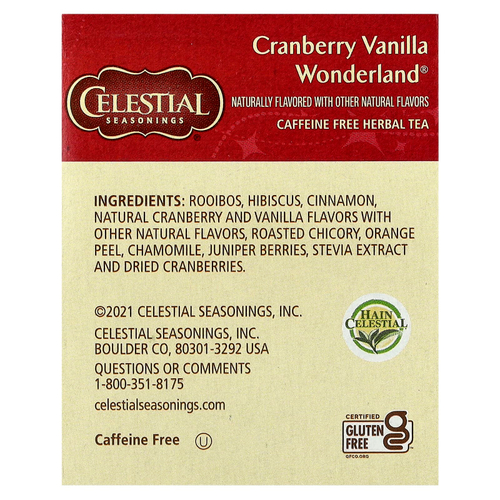 Celestial Seasonings, Holiday Herbal Tea, Cranberry Vanilla Wonderland®, без кофеина, 18 чайных пакетиков, 38 г (1,3 унции)