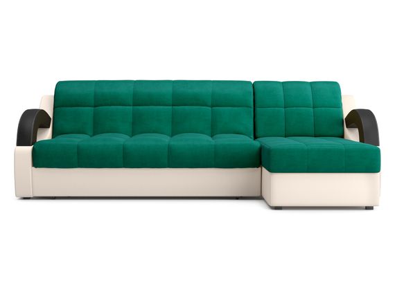 Диван угловой с оттоманкой Мадрид 1,6 - Velutto 33 изумрудный/беж кожзам/ коричневая накладка