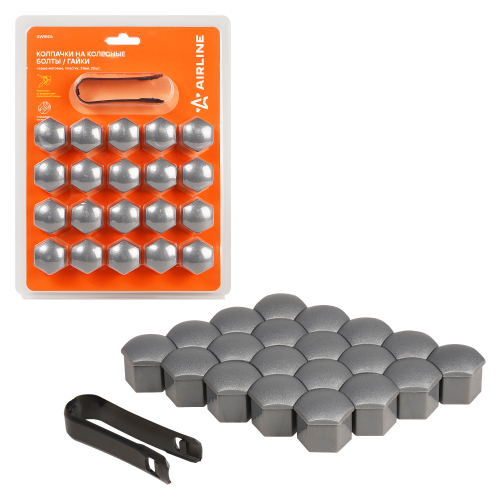 Колпачки на колесные болты и гайки 21 мм 20 шт +съёмник серые матовые пластик Airline