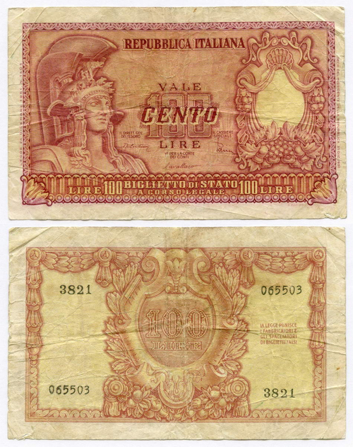 Банкнота Италия 100 лир 1951 год 3821 065503. F-VF